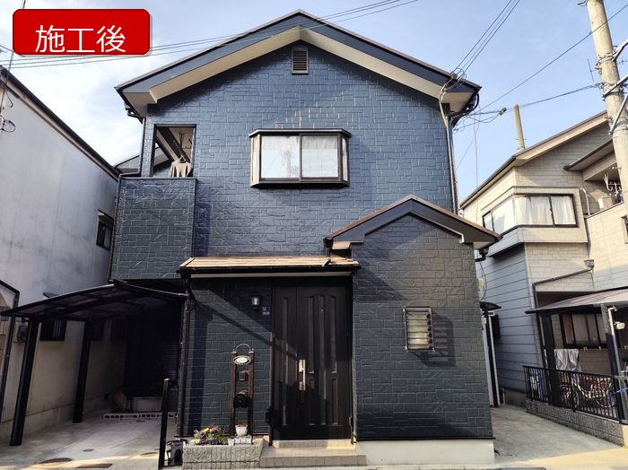 松原市 築25年 窯業系サイディング外壁 建物正面全景 施工後