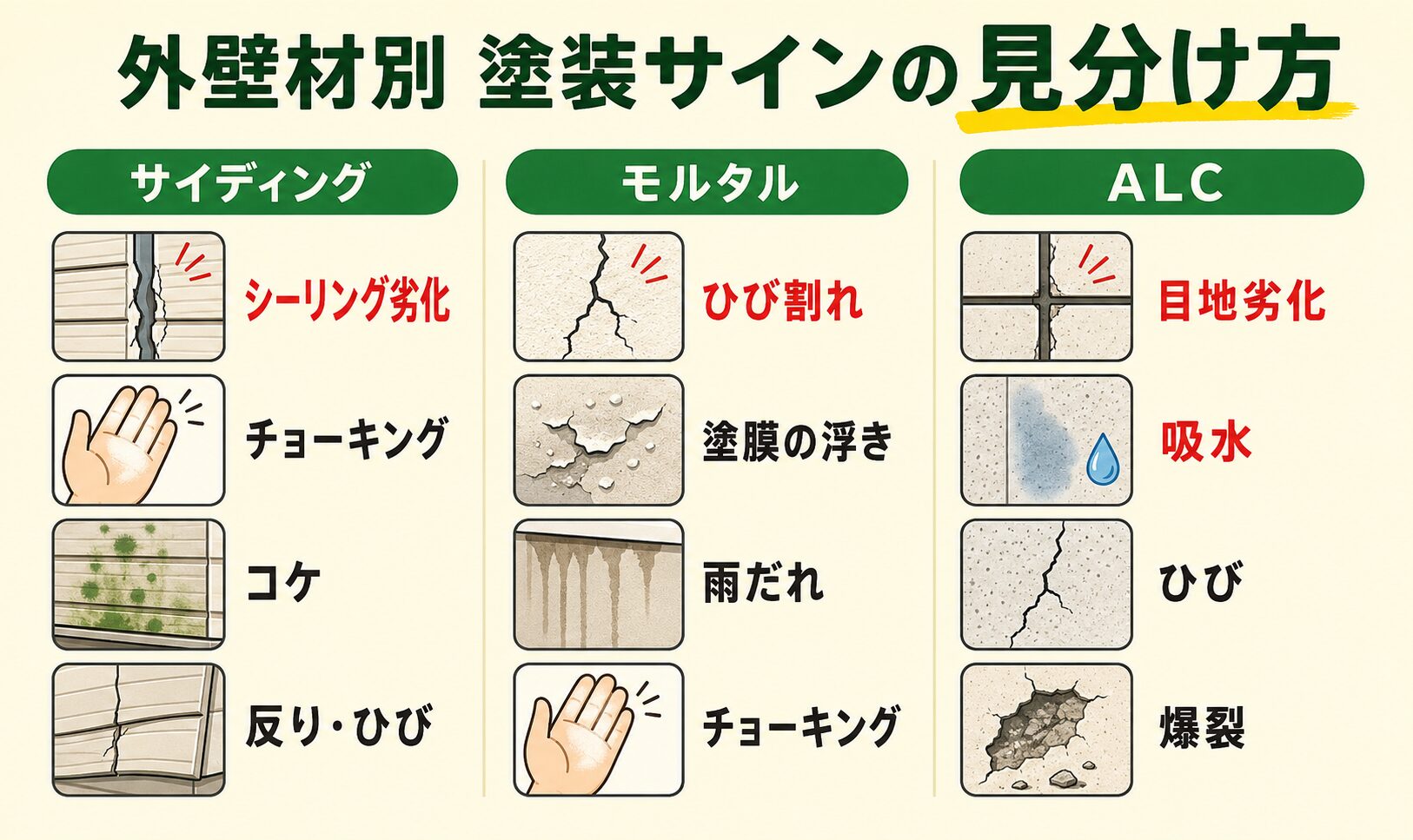 外壁材別 塗装サインの見分け方