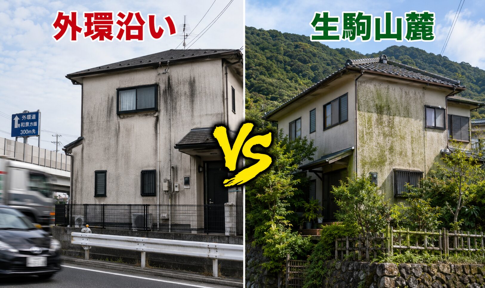 外環沿いの家と生駒山麓の家の劣化パターン比較