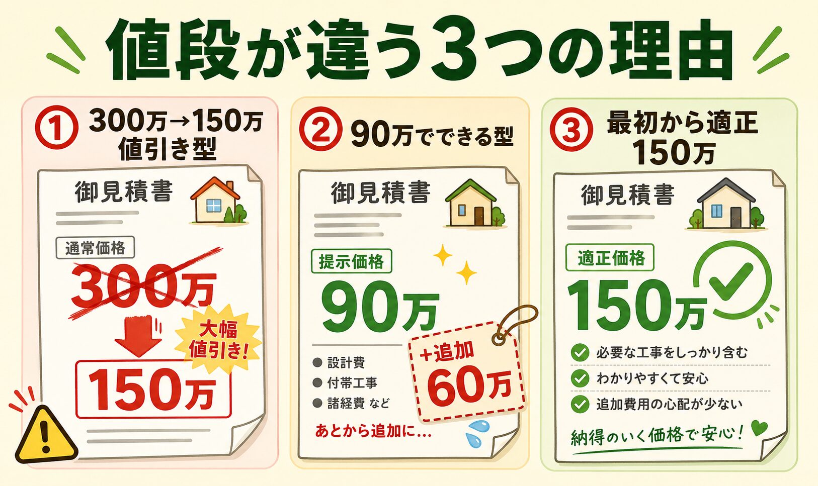 見積もり金額が大きく異なる理由を示す3パターンの図