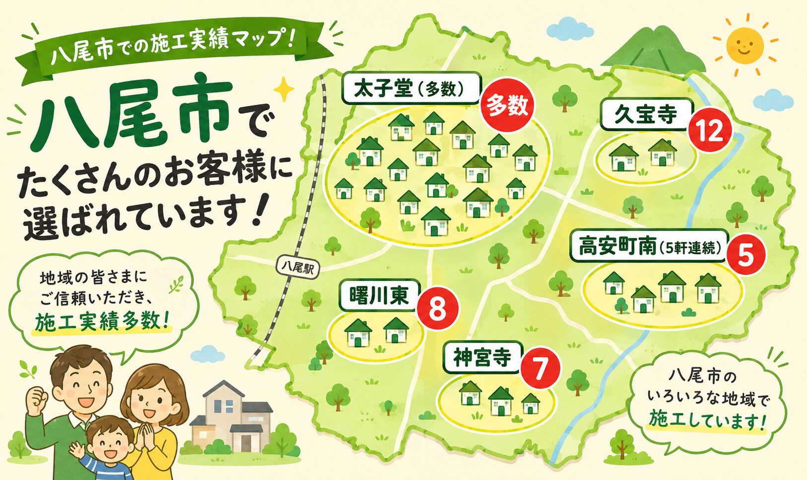 八尾市内での施工事例の位置を示す地図