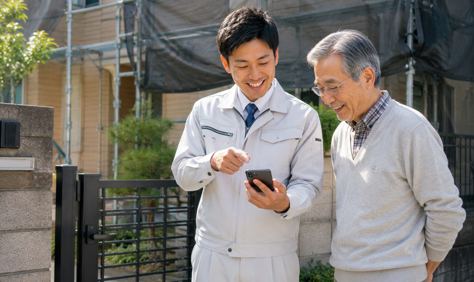 工事中の職人とお客さんが会話している様子の写真