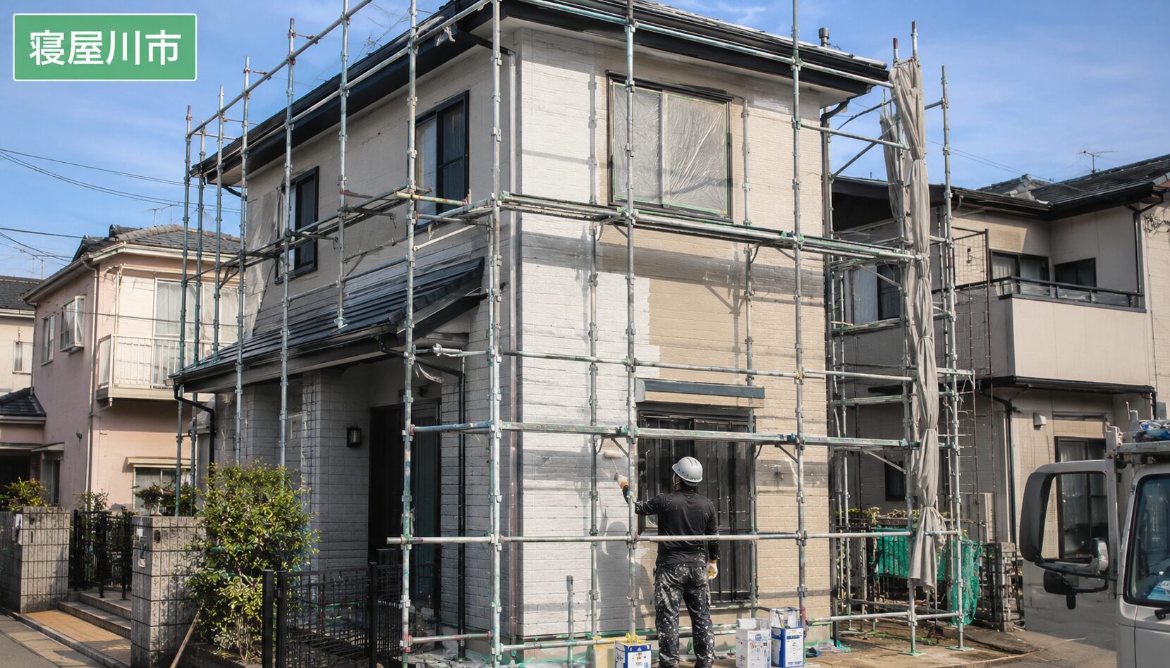 寝屋川市の住宅街での外壁塗装作業風景