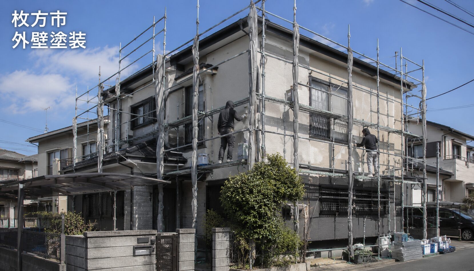 枚方市の戸建て住宅における外壁塗装の施工現場