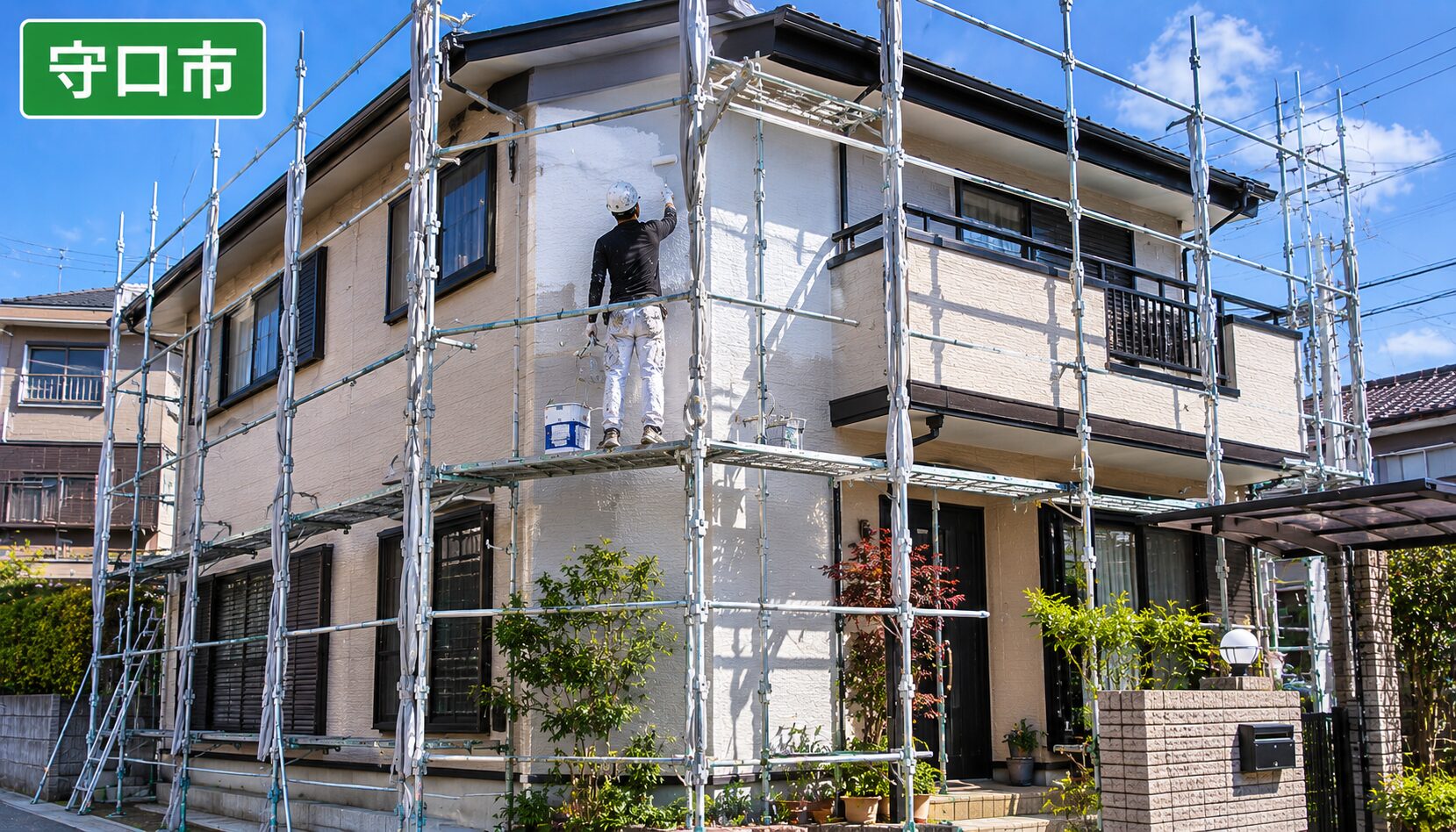 守口市の住宅街における外壁塗装の様子