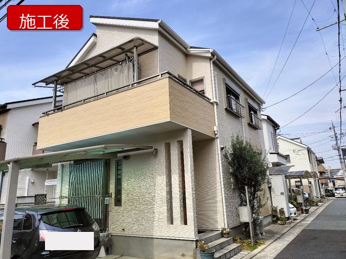 八尾市太子堂 築18年 窯業系サイディング外壁 施工後の全景