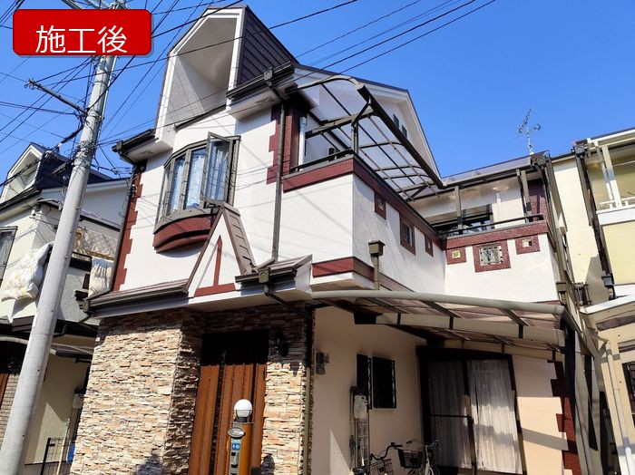 八尾市久宝寺 築25年 モルタル外壁 施工後の正面外観