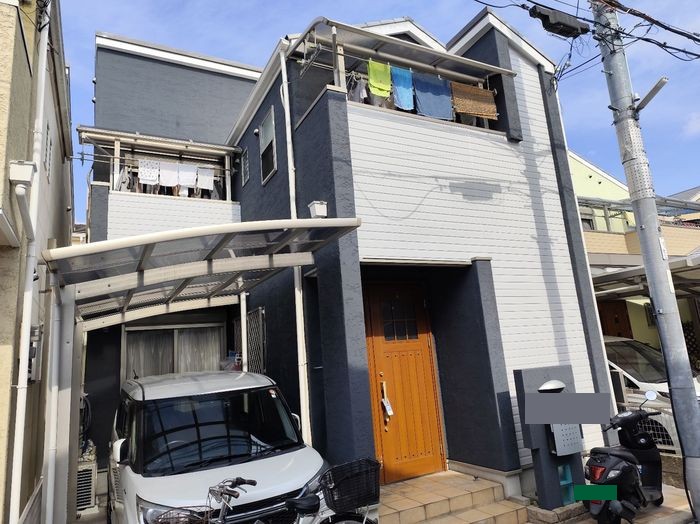 八尾市 築25年 窯業系サイディング外壁 ツートンカラー塗装 正面全景 施工後