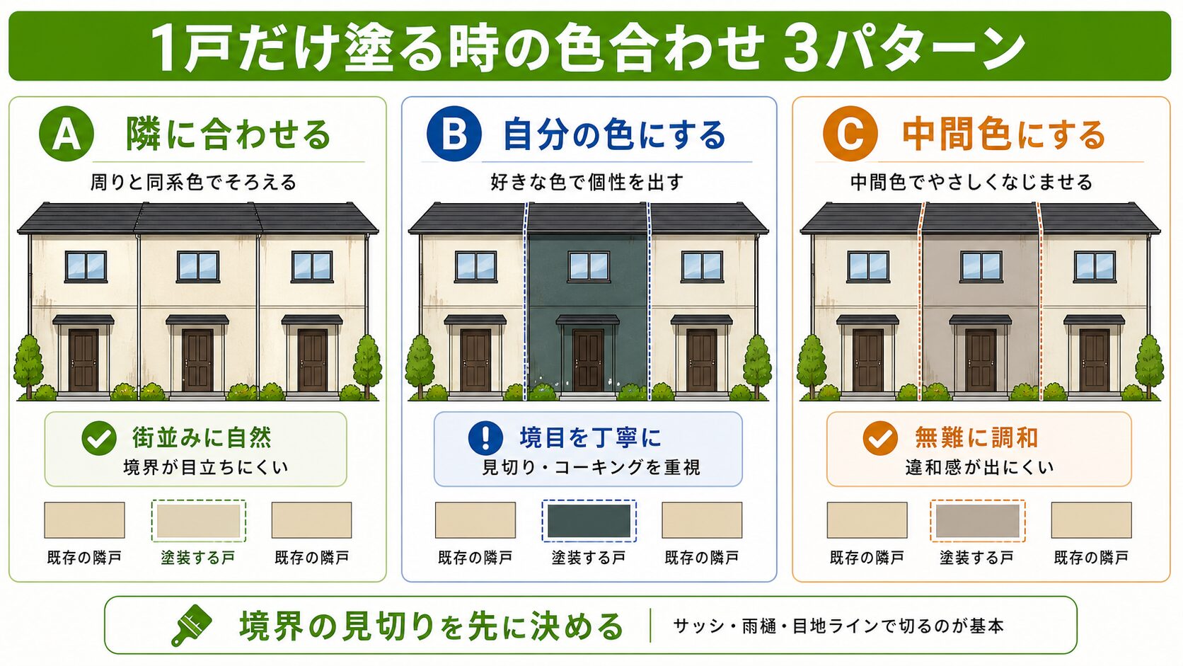 平野区の文化住宅・長屋・連棟は自分の家だけ外壁塗装できる?共有壁・隣家調整・費用の実際 図解