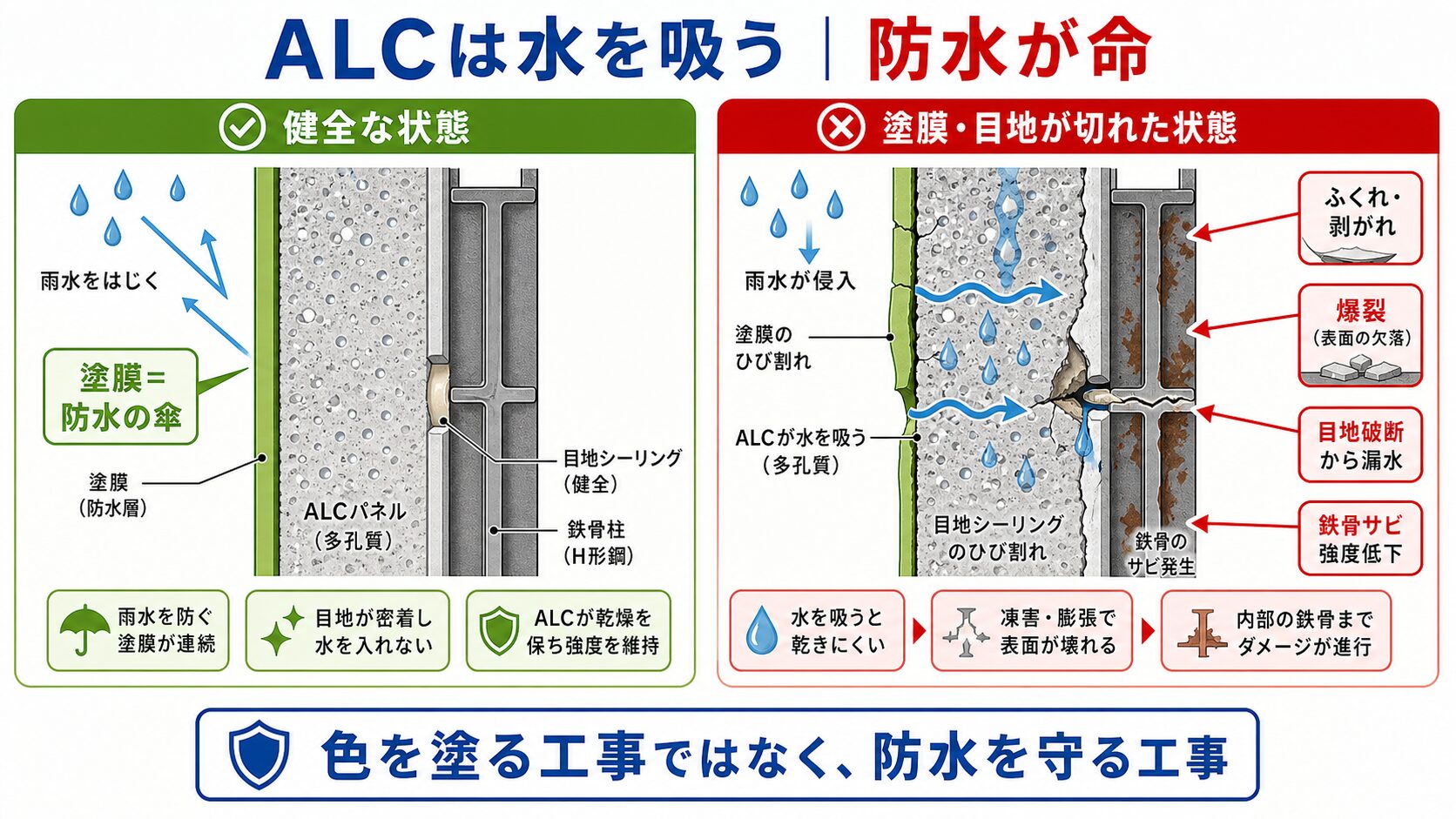 平野区のALC外壁塗装|工場・倉庫・鉄骨物件に多いALCの塗装周期・費用・注意点 図解