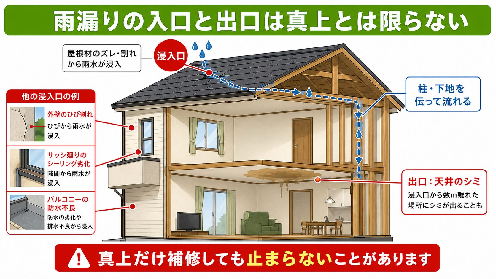 平野区の雨漏り修理|下町の築古住宅に多い原因・費用相場・外壁塗装と同時が得な理由【2026年】 図解