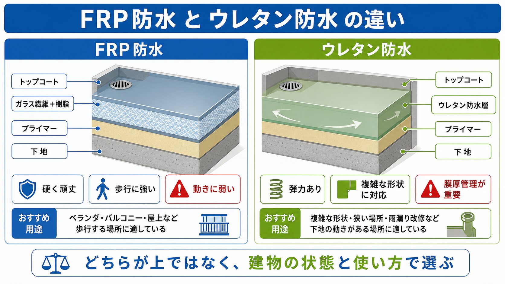 平野区のベランダ・バルコニー防水|FRP・ウレタンの違い・費用・外壁塗装と同時がお得な理由【2026年】 図解