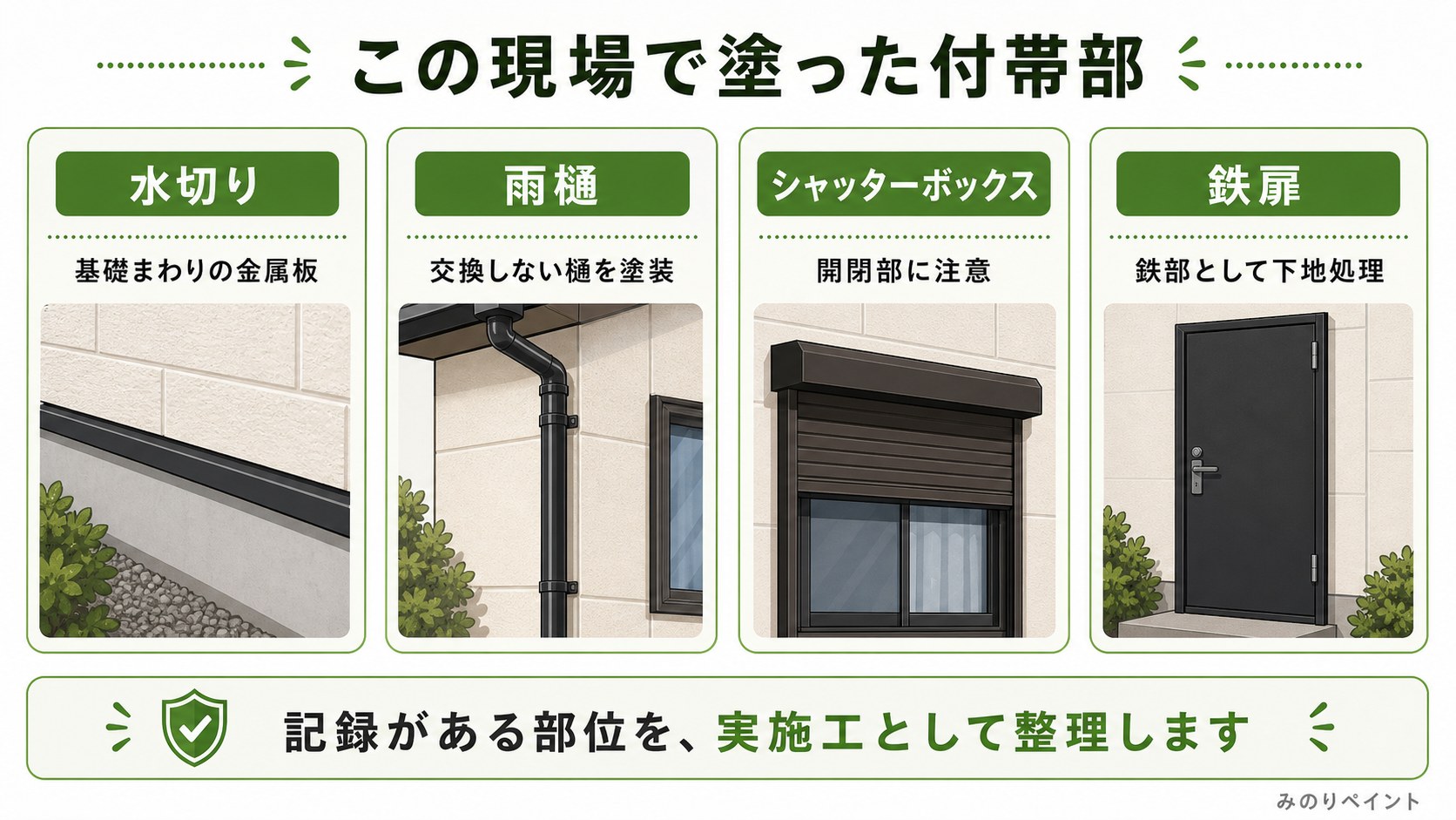 この現場で実際に塗った付帯部として、水切り、雨樋、シャッターボックス、鉄扉を示した図解