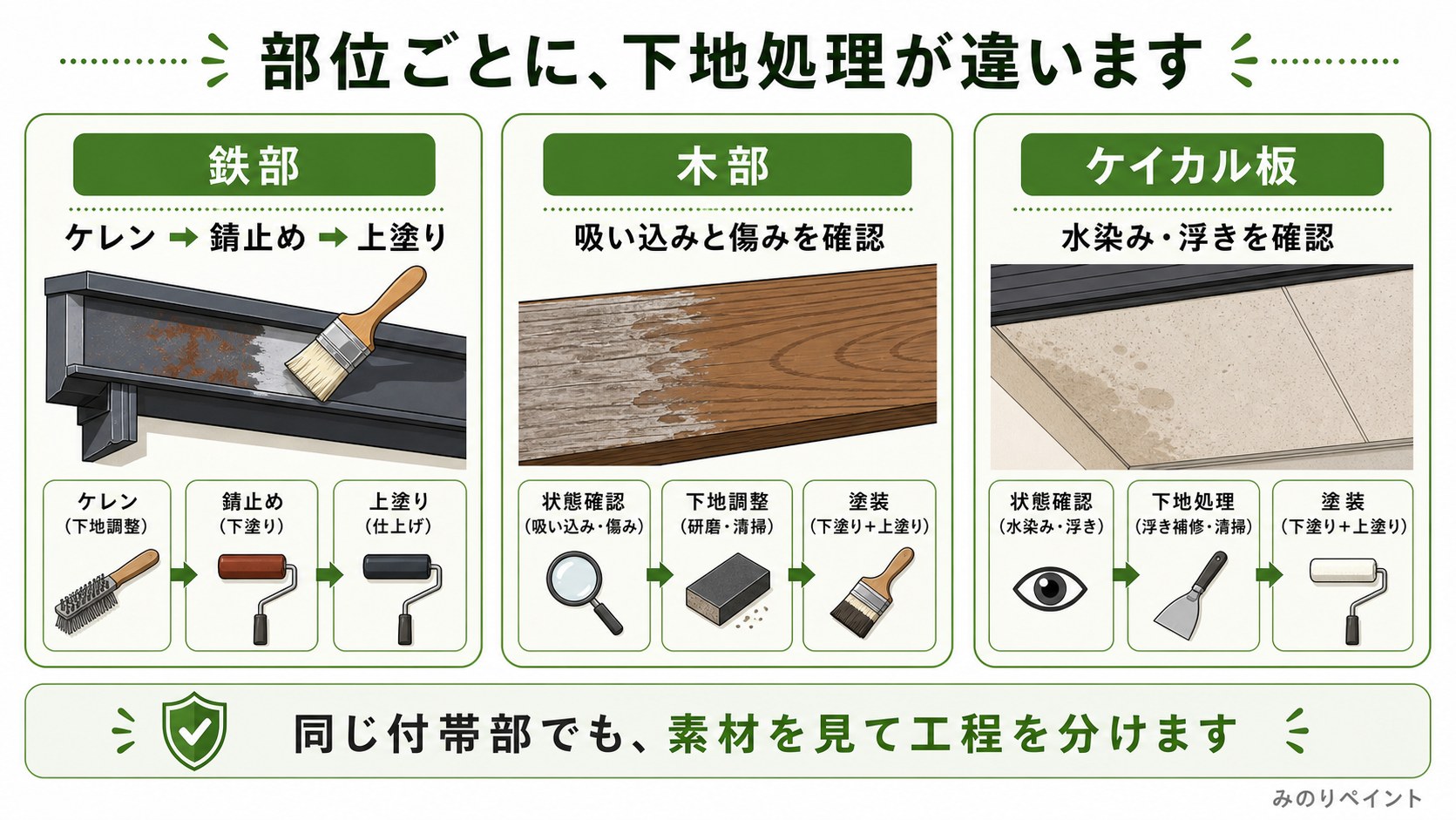 付帯部は鉄部、木部、ケイカル板など素材ごとに下地処理と工程が違うことを示した図解