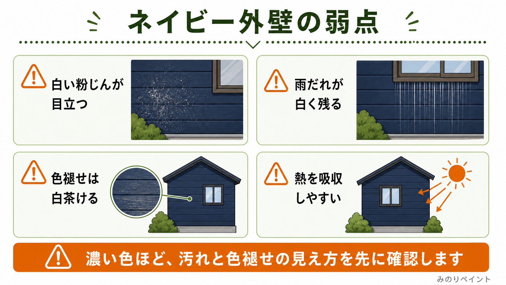 ネイビー外壁の弱点として白い粉じん、雨だれ、白茶ける色褪せ、熱の吸収を示した図解