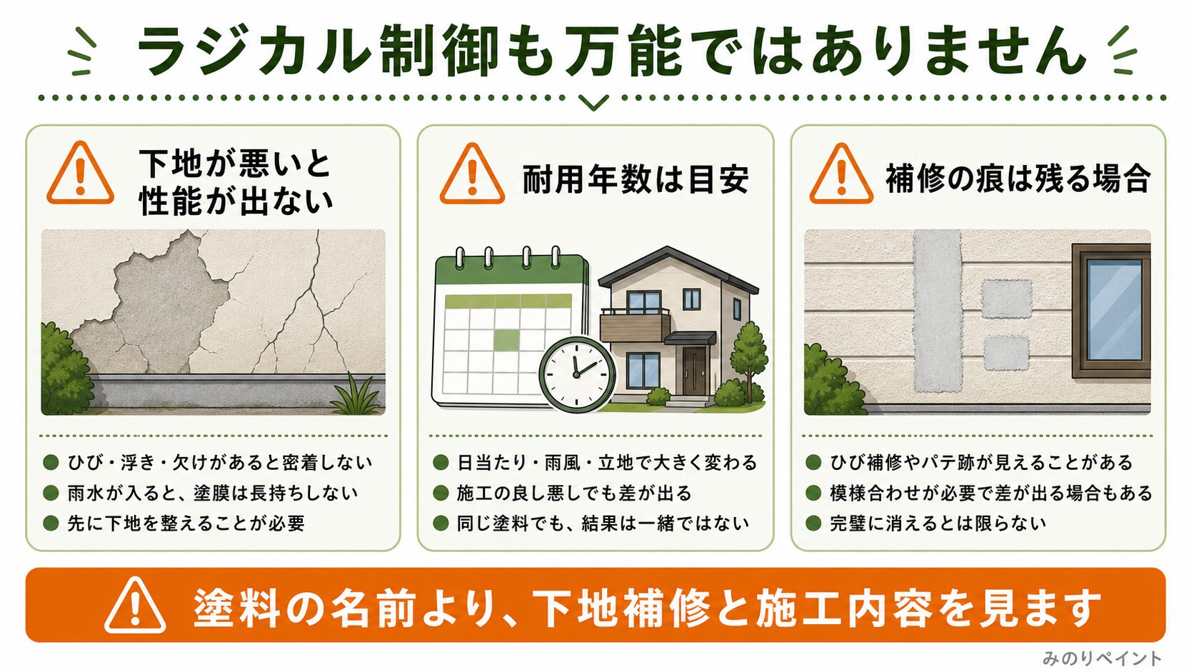 ラジカル制御型塗料も下地が悪いと性能が出ず、耐用年数は目安で補修跡が残る場合があることを示した図解