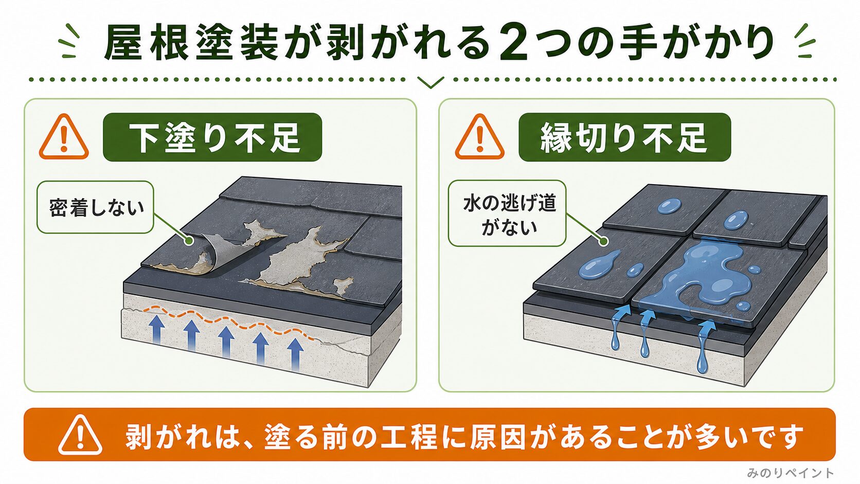 屋根塗装が剥がれる手がかりとして下塗り不足と縁切り不足を示した図解