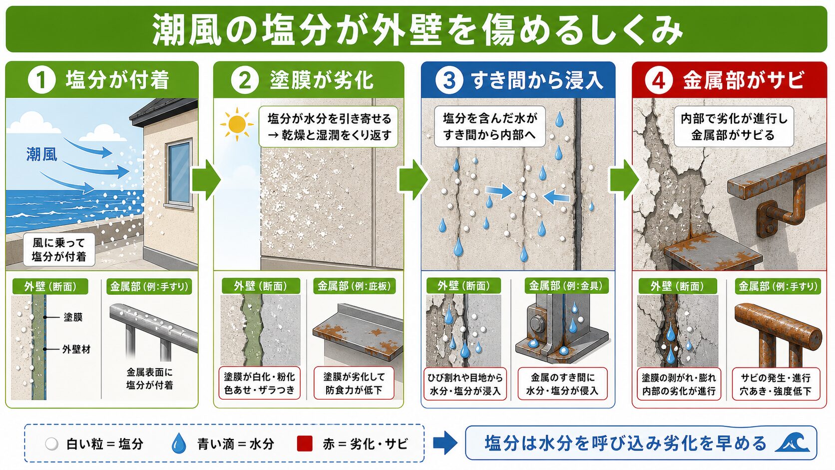 堺市西区の外壁塗装|浜寺・臨海部の潮風に配慮した塗料選びと施工事例【地元密着】 図解