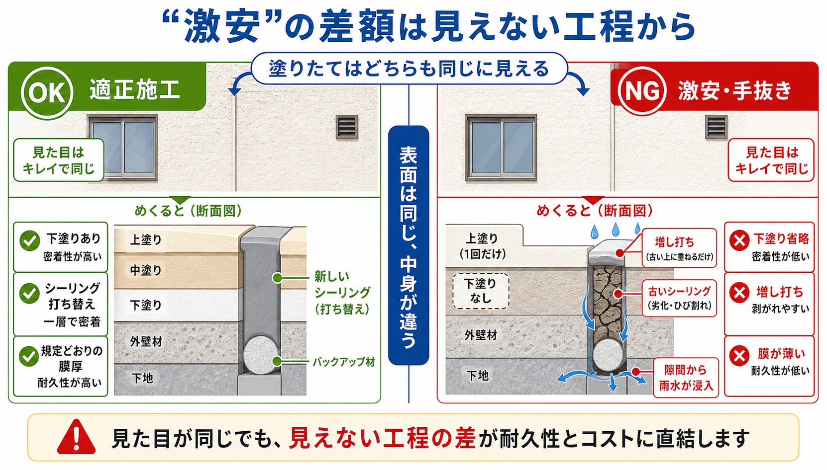平野区の「外壁塗装 激安・おすすめランキング」に注意|相場半額のからくりと手抜きの見抜き方 図解