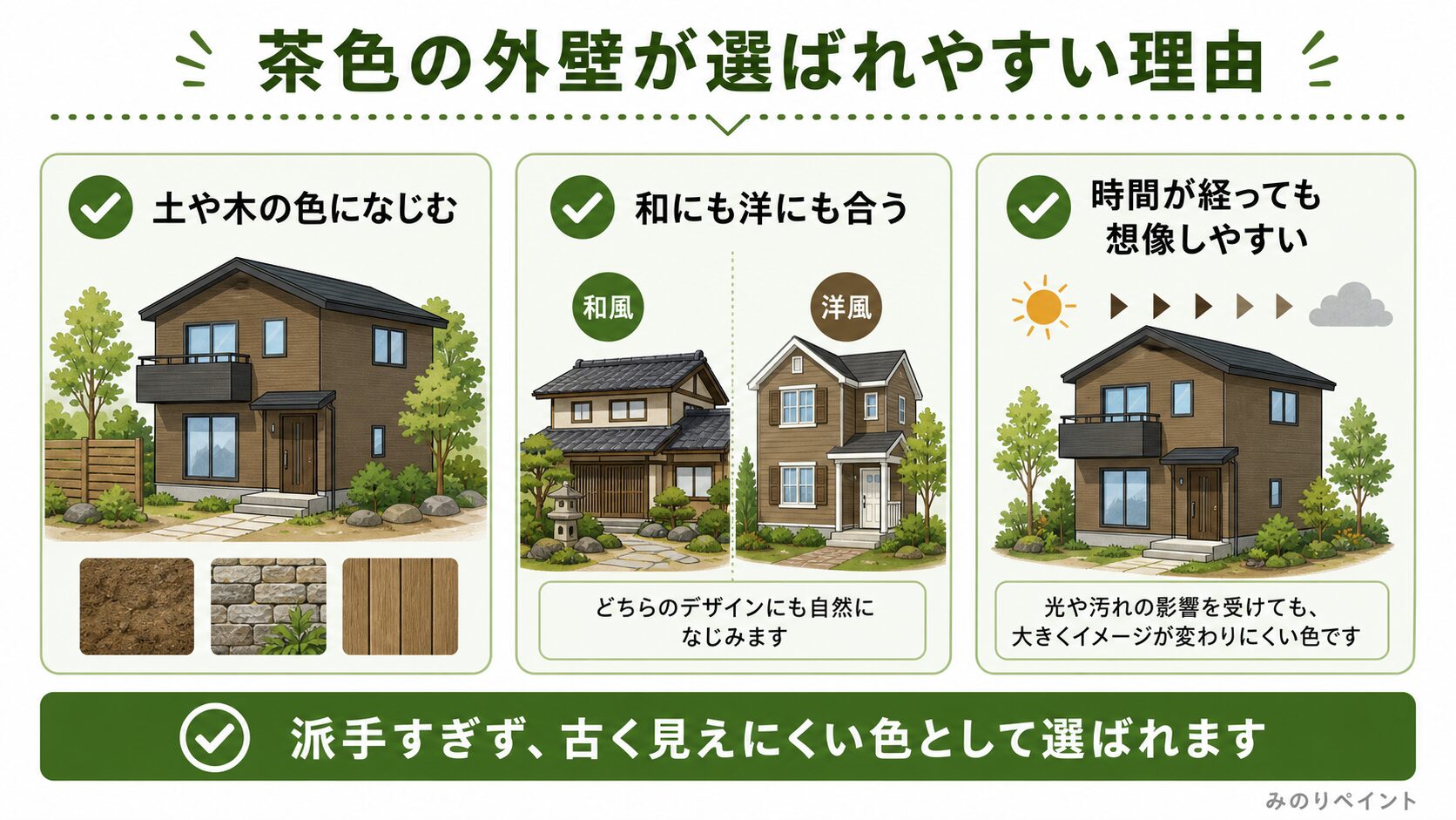 茶色の外壁が土や木になじみ、和洋に合い、時間が経っても想像しやすい理由を示した図解