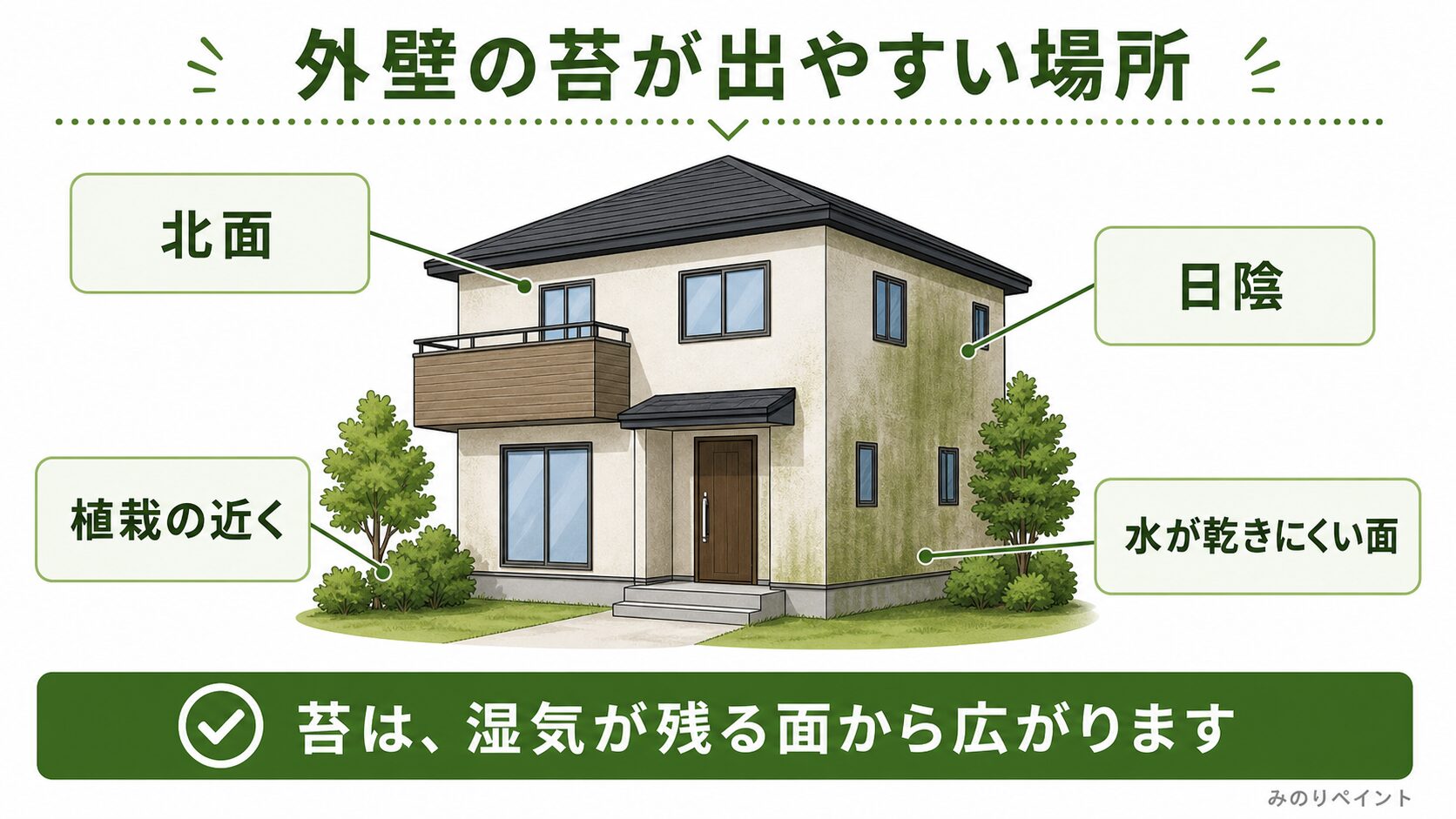 外壁の苔が北面、日陰、植栽の近く、水が乾きにくい面に出やすいことを示した図解