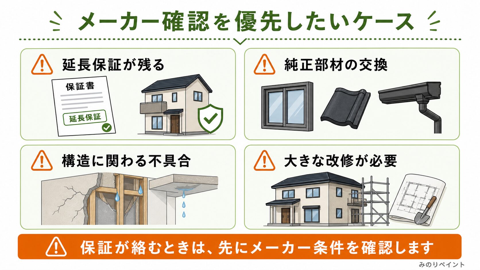 メーカー確認を優先したい延長保証、純正部材、構造不具合、大きな改修のケースを示した図解