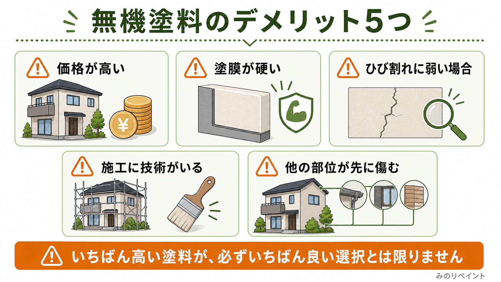 無機塗料のデメリットとして価格、硬さ、ひび割れ、施工技術、他部位の寿命を示した図解