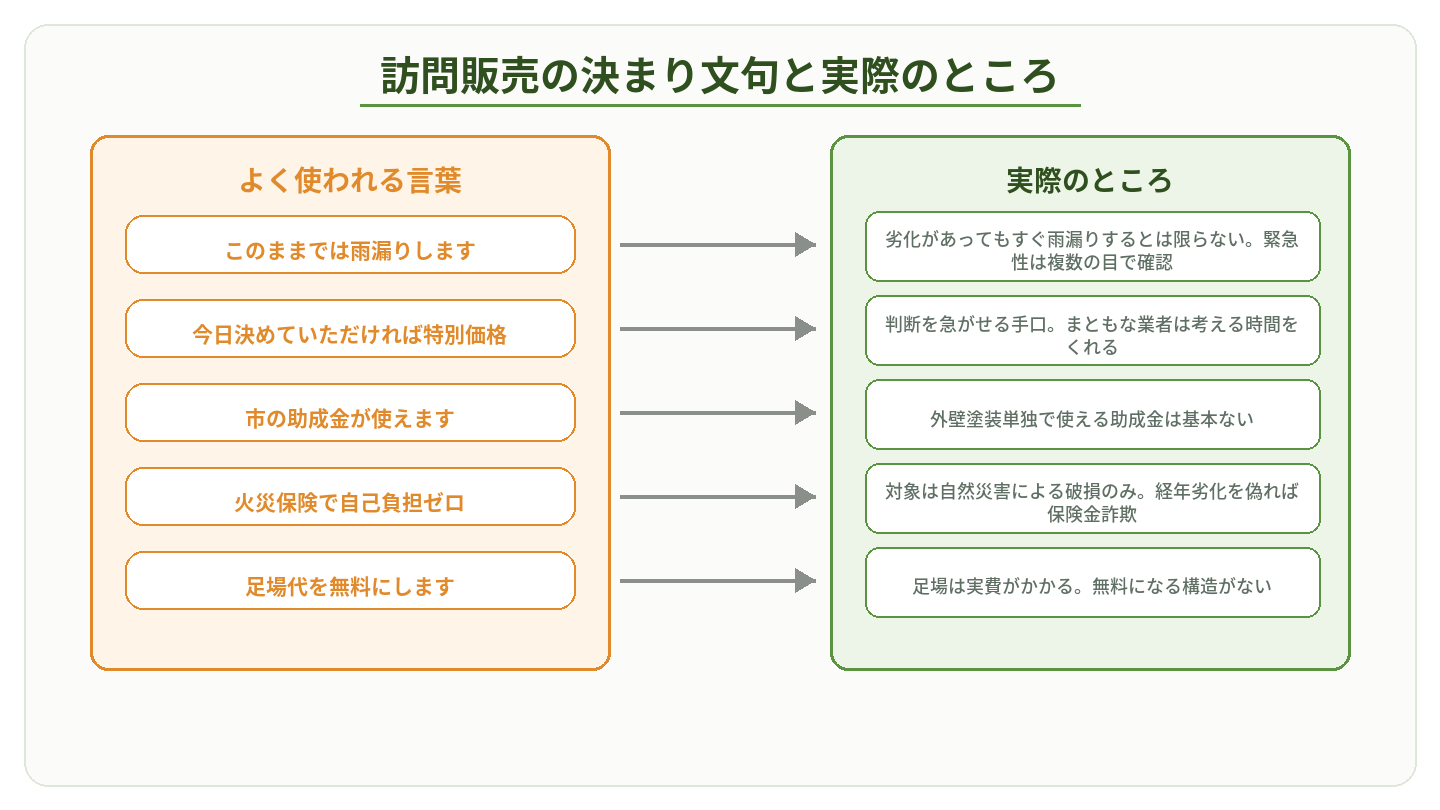 訪問販売でよく使われる決まり文句と実際のところを対比した図