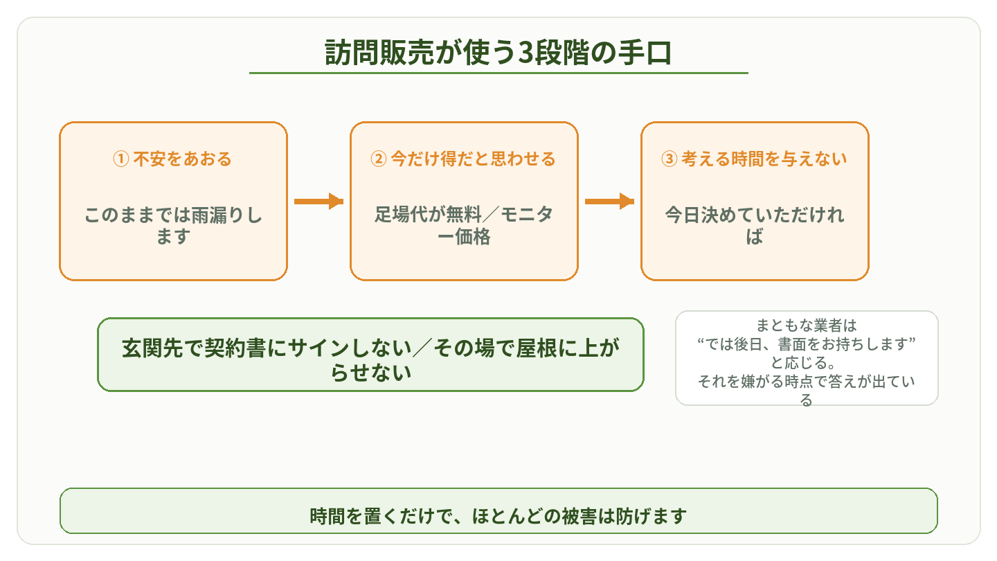 悪質な訪問販売が使う3段階の手口と、時間を置けば防げることを示した図