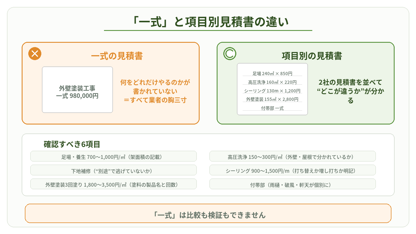 「一式」表記の見積書と項目別単価の見積書を比較し、確認すべき6項目を示した図
