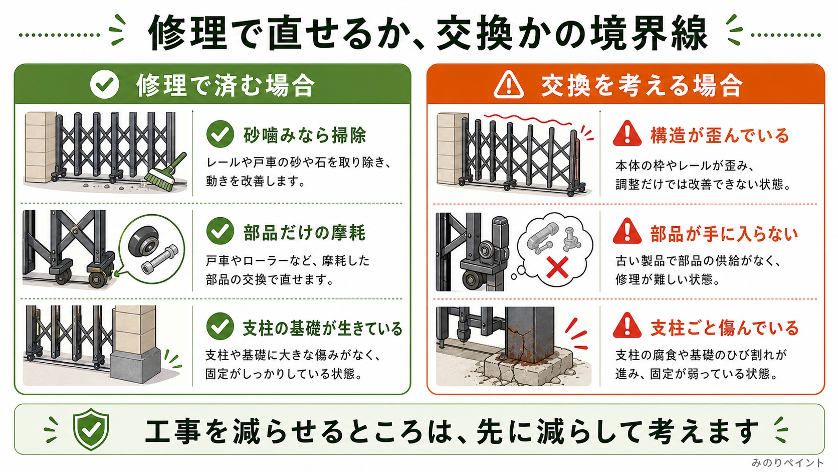 伸縮門扉を修理で済ませる場合と交換を考える場合の境界線を比較した図解