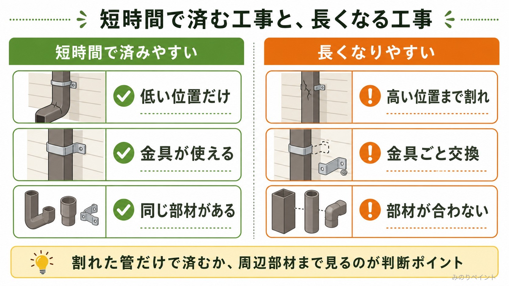 竪樋の部分交換で短時間で済みやすい条件と長くなりやすい条件を比較した図解