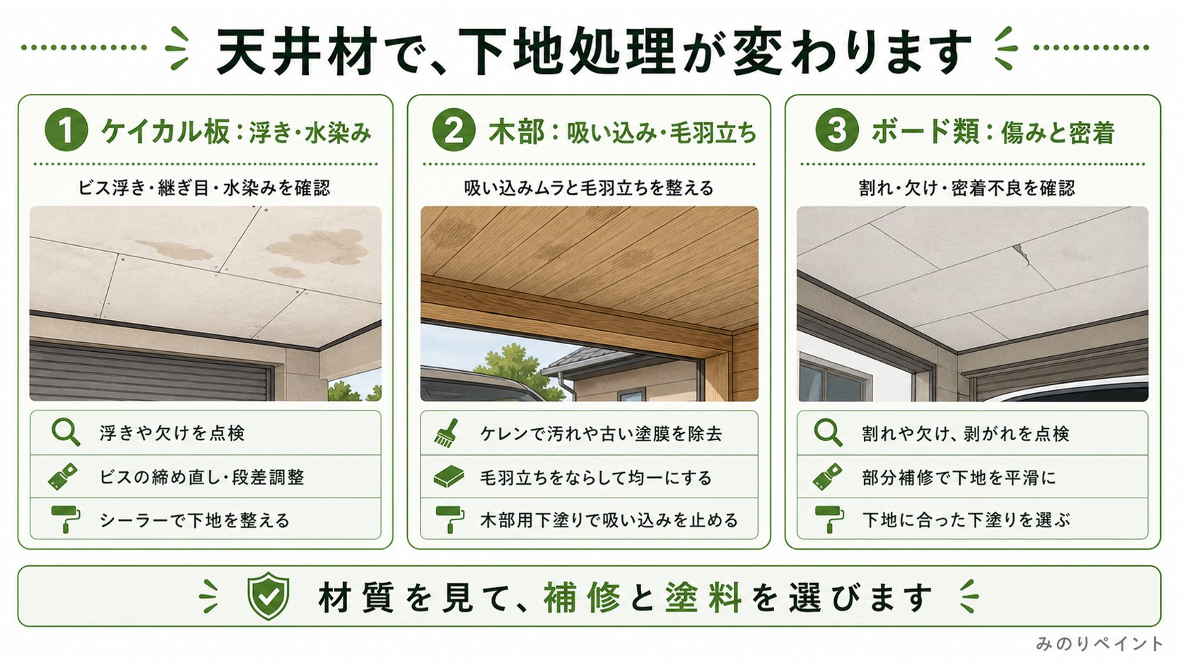 ケイカル板、木部、ボード類など天井材ごとに下地処理が変わることを示した図