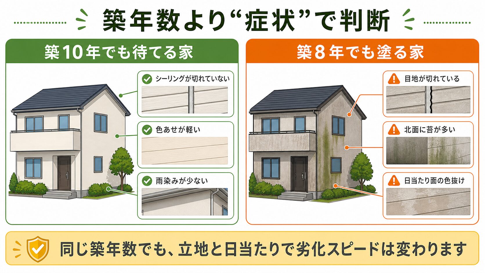 築10年でも待てる家と築8年でも塗る家を、シーリング、色あせ、雨染み、苔、色抜けで比較した図解