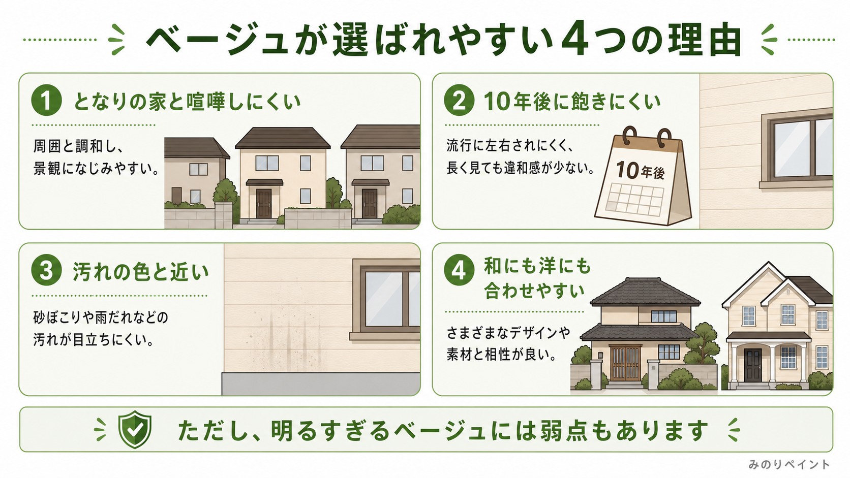 外壁色にベージュが選ばれやすい理由として、となりの家となじみやすい、飽きにくい、汚れの色と近い、和にも洋にも合わせやすいを示した図解
