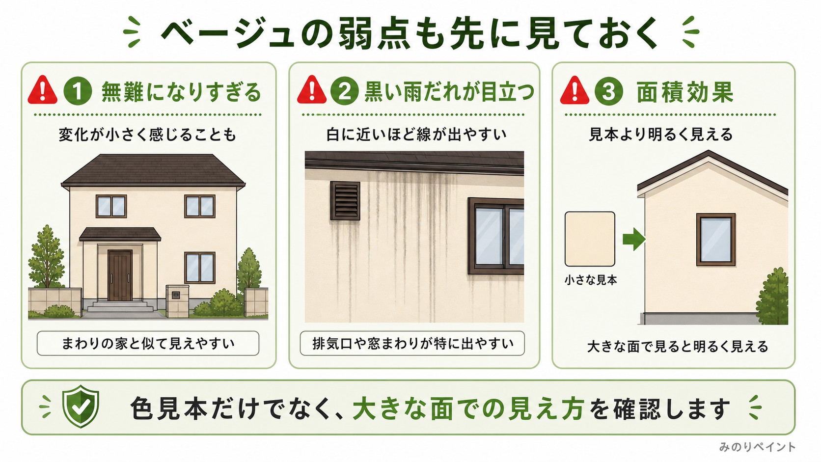 ベージュ外壁の弱点として、無難になりすぎる、黒い雨だれが目立つ、面積効果で見本より明るく見えることを示した図解