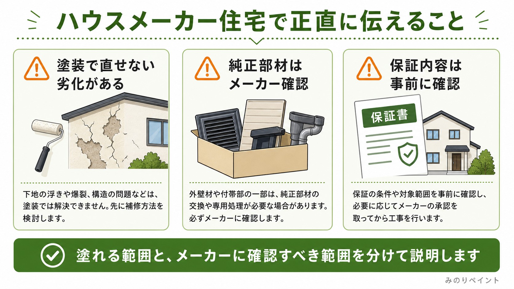 ハウスメーカー住宅の塗り替えで塗装で直せない劣化、純正部材、保証内容を事前確認する図解