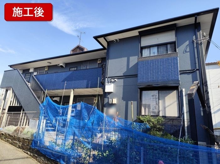 塗装が完了した大阪市平野区喜連の2階建てアパート外観