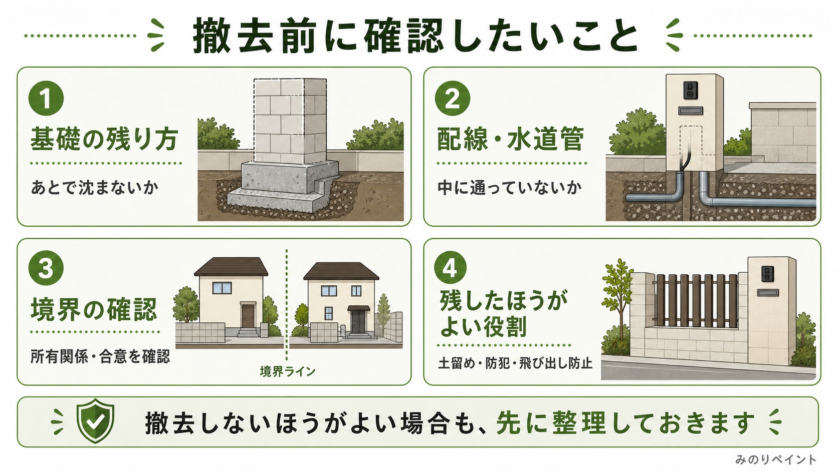 門柱撤去前に確認したいこととして、基礎の残り方、配線や水道管、境界の確認、残したほうがよい役割を示した図解