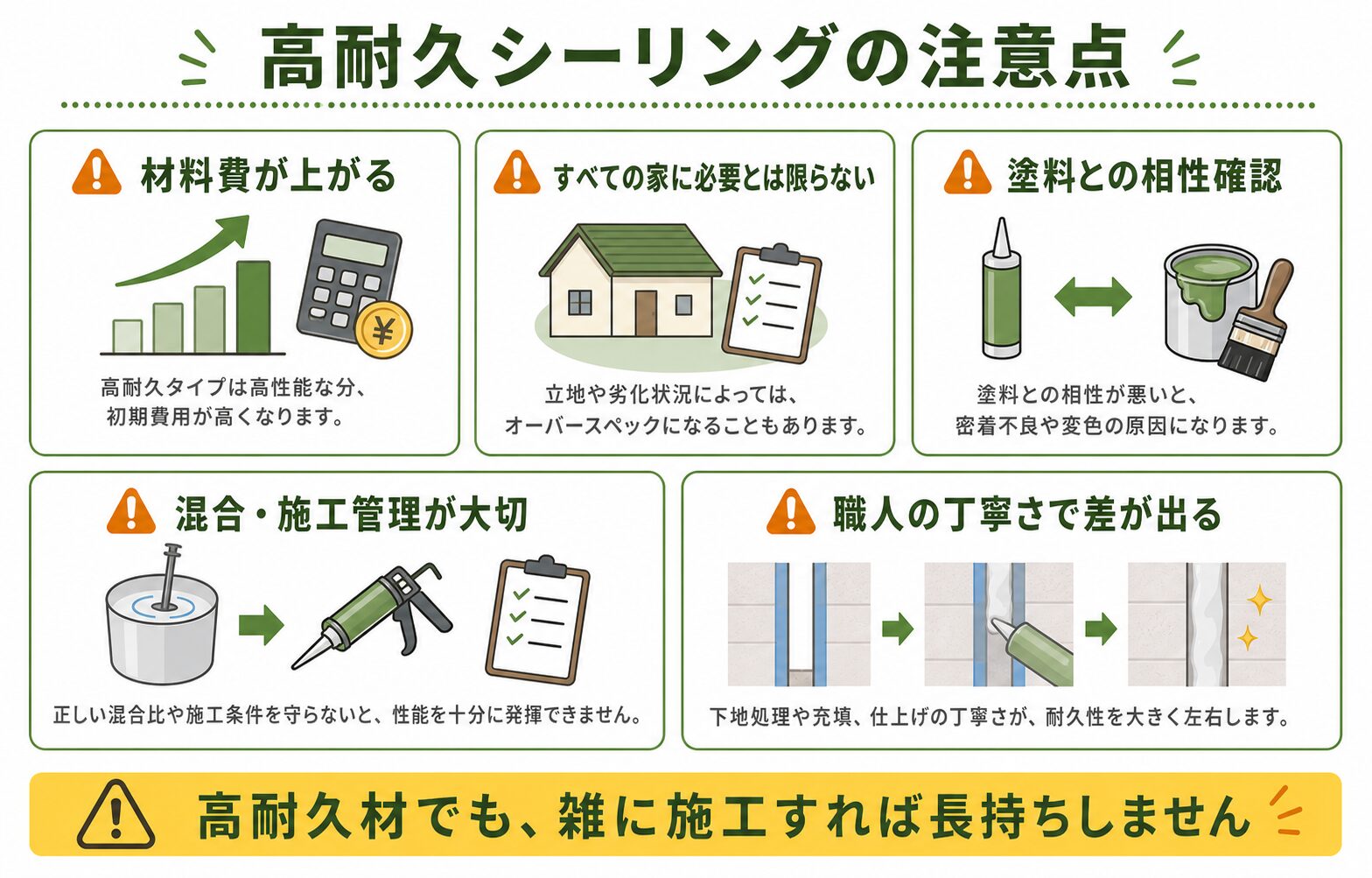 高耐久シーリングの注意点として材料費、必要性、塗料との相性、施工管理、職人の丁寧さを示した図解