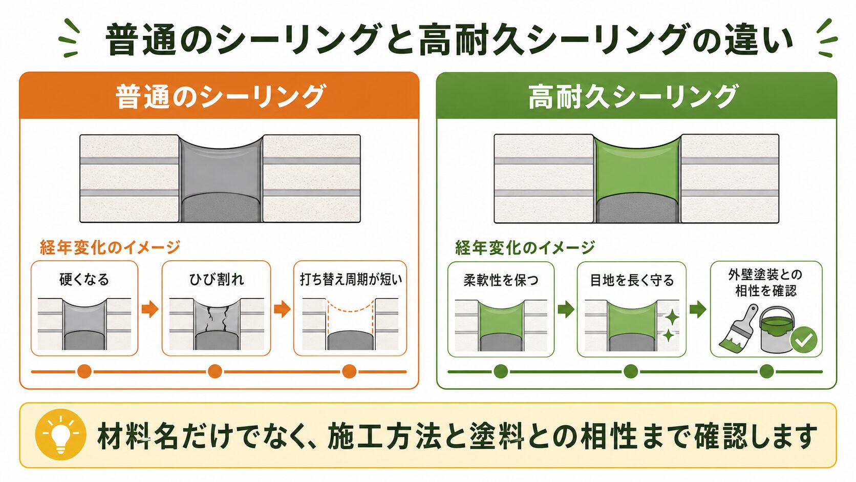 普通のシーリングと高耐久シーリングの違いを耐久性や打ち替え周期で比較した図解