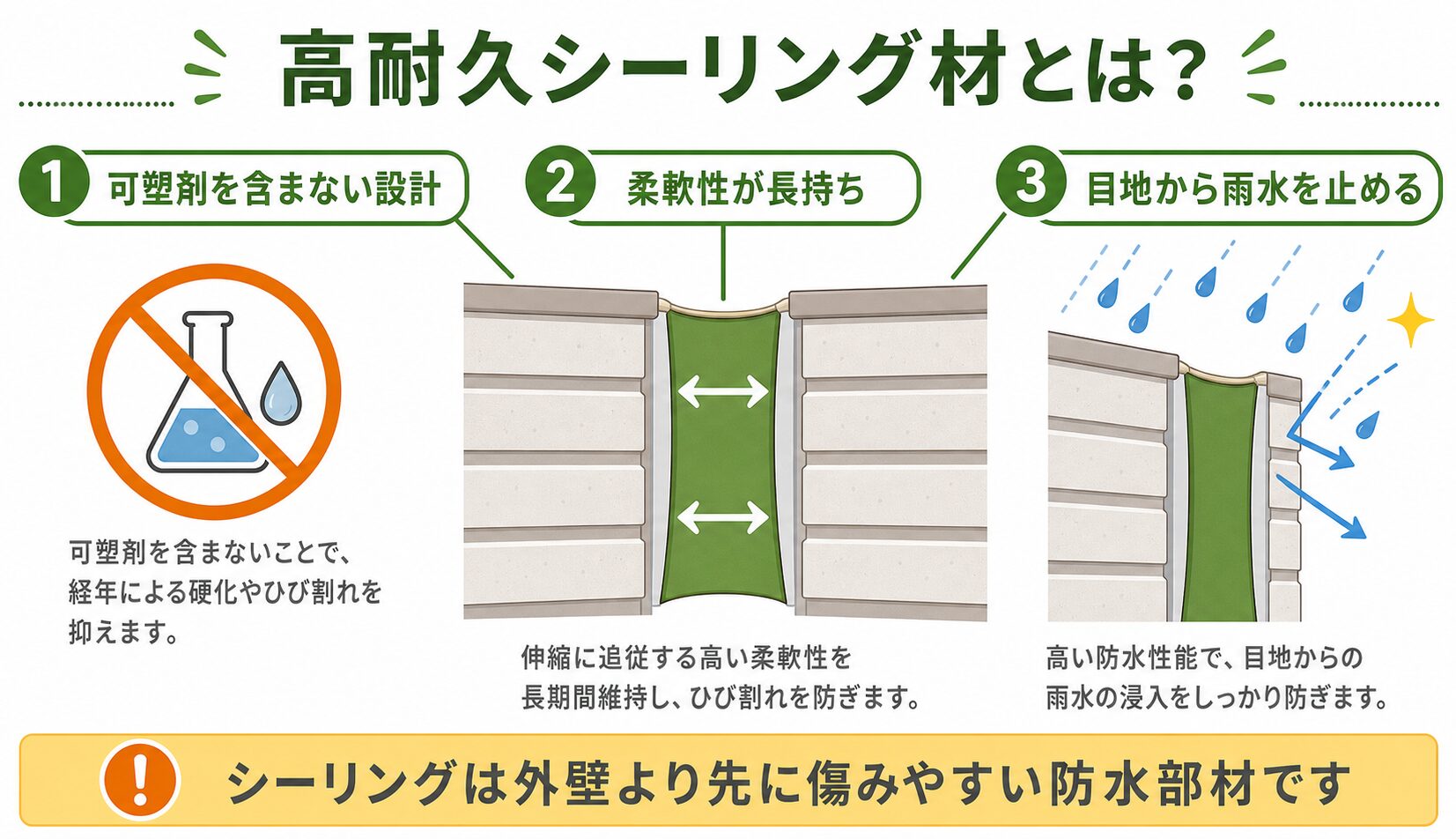 高耐久シーリング材の特徴として可塑剤を含まない設計、柔軟性の維持、防水性を示した図解