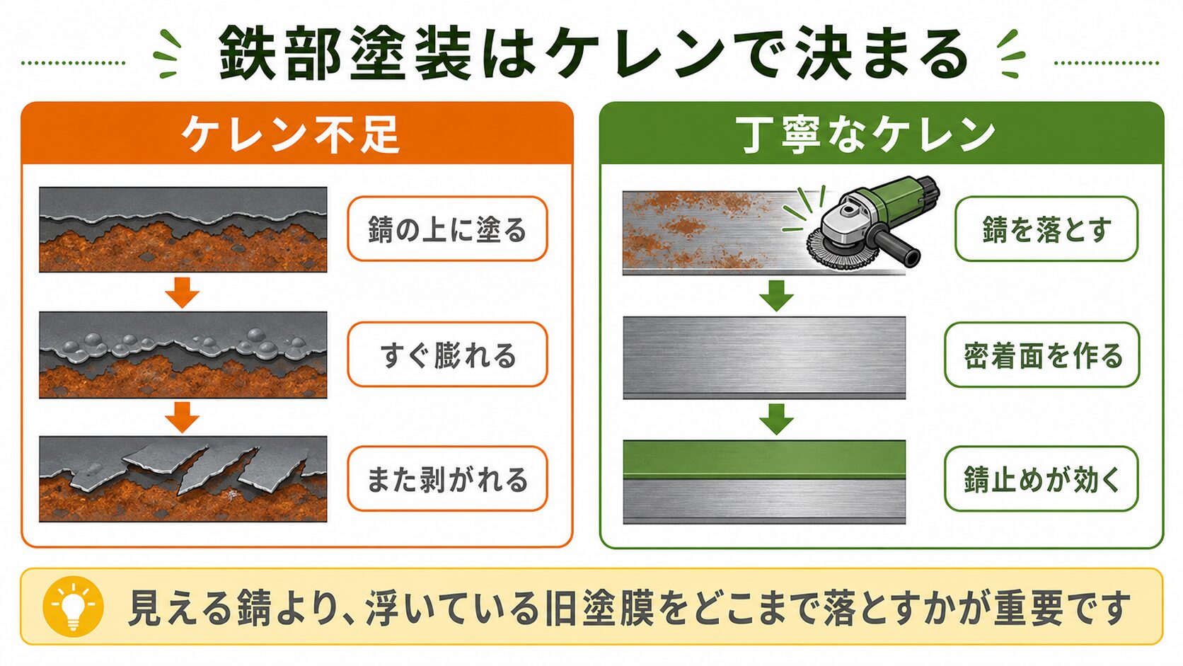 ケレン不足と丁寧なケレンで鉄部塗装の密着と耐久性が変わることを示した比較図