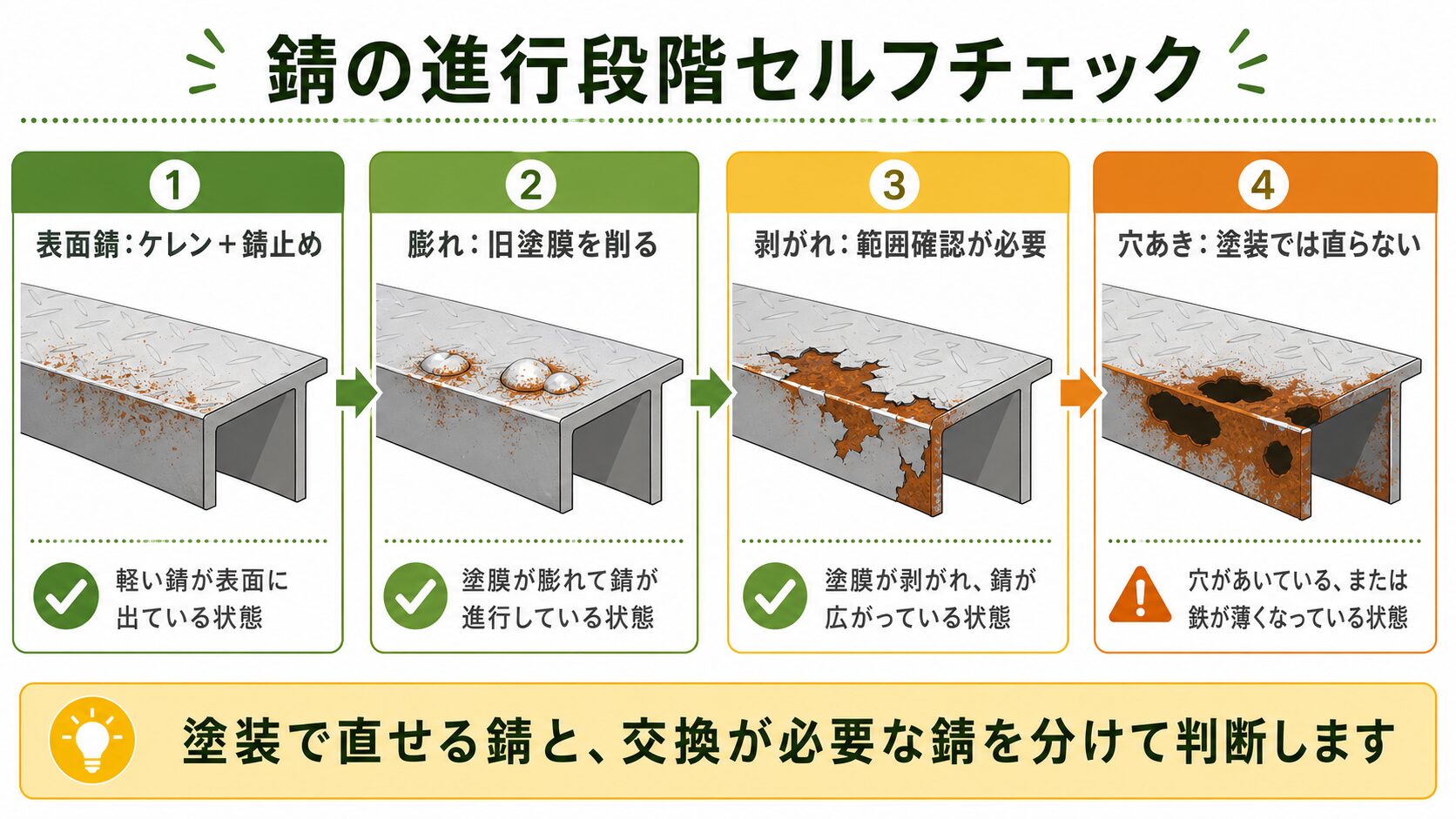 鉄部の錆の進行段階を表面錆、膨れ、剥がれ、穴あきで判定する図解