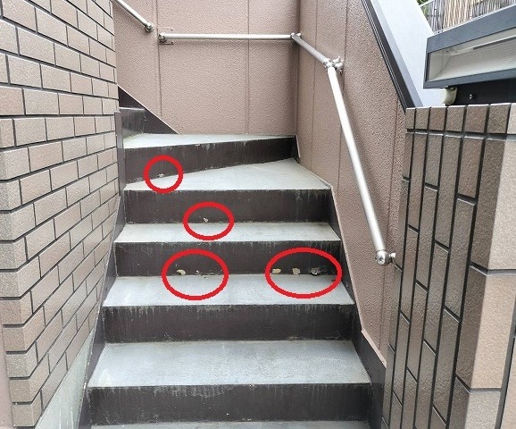 施工前の玄関階段 蹴上げの塗膜が剥がれ錆が出ている屋外鉄骨階段