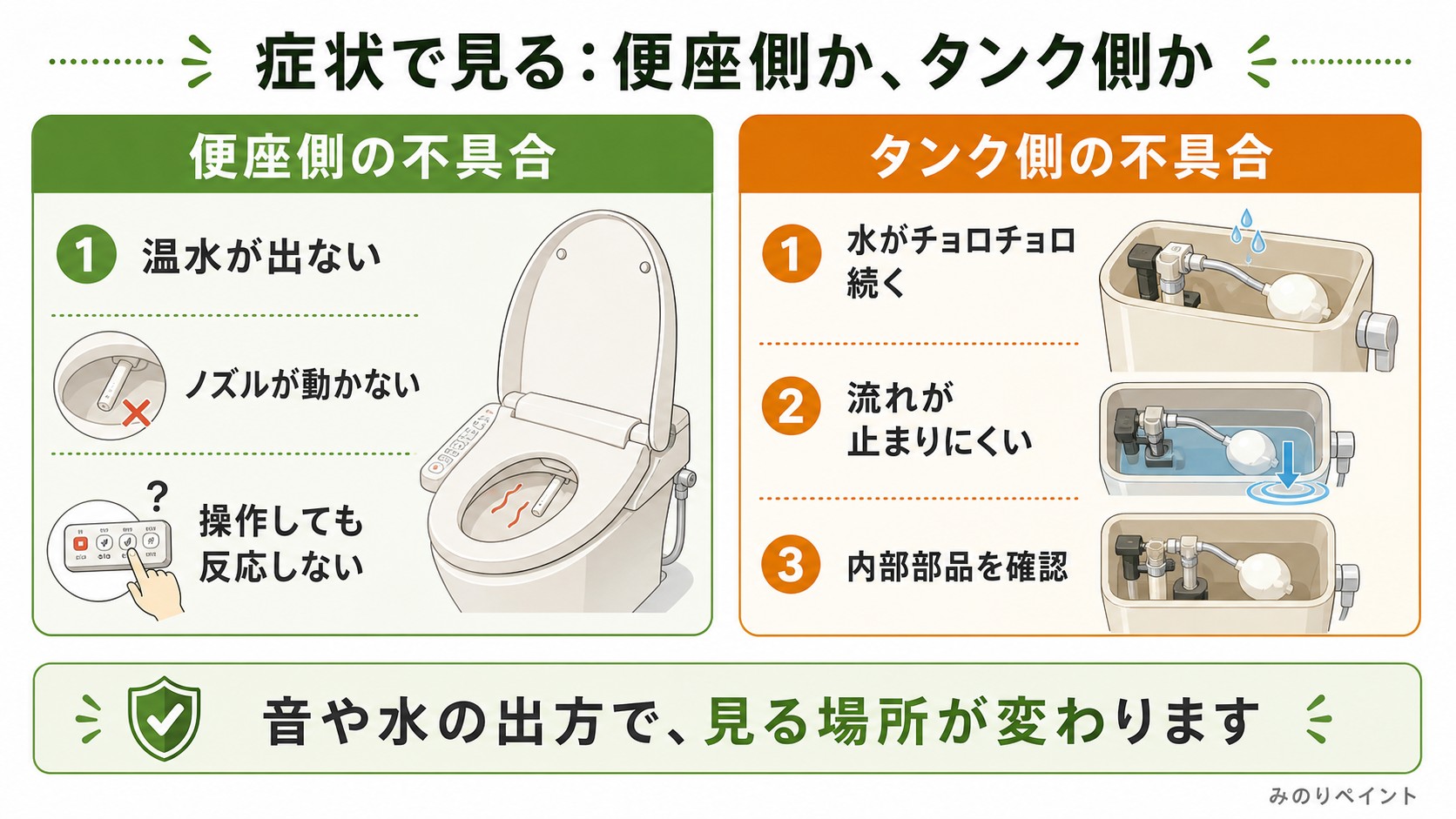 温水洗浄便座の不具合とタンク側の不具合を症状で切り分ける図解
