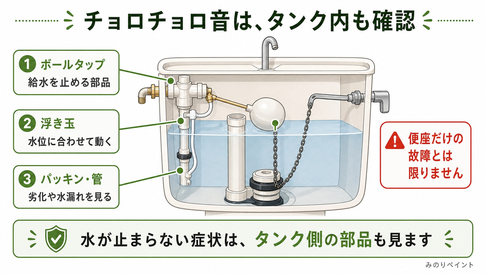 トイレのチョロチョロ音で確認するタンク内部のボールタップ、浮き玉、パッキンと管を示した図解