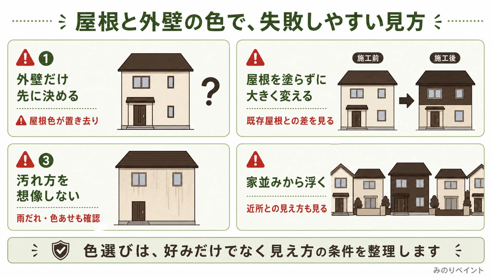 屋根と外壁の色で失敗しやすい見方として、外壁だけ先に決める、屋根を塗らずに大きく変える、汚れ方を想像しない、家並みから浮くを示した図解