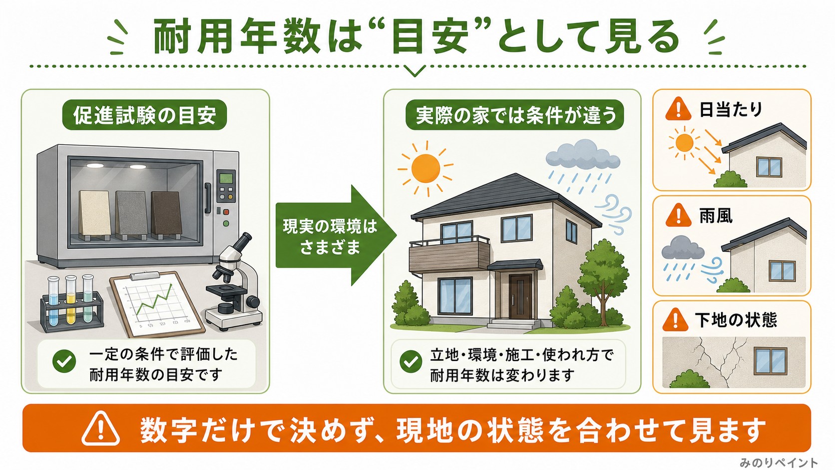 塗料の耐用年数は促進試験の目安で、実際の家では日当たり、雨風、下地の状態で変わることを示した図解