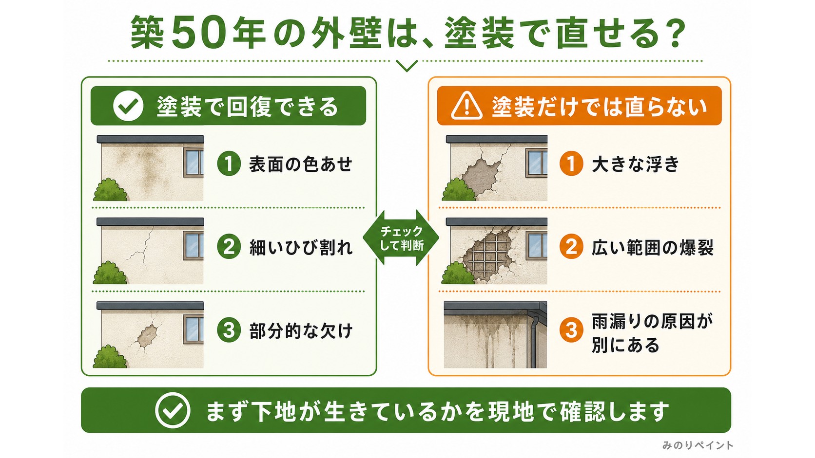 築50年のモルタル外壁で塗装で回復できる状態と塗装だけでは直らない状態を比較した図解